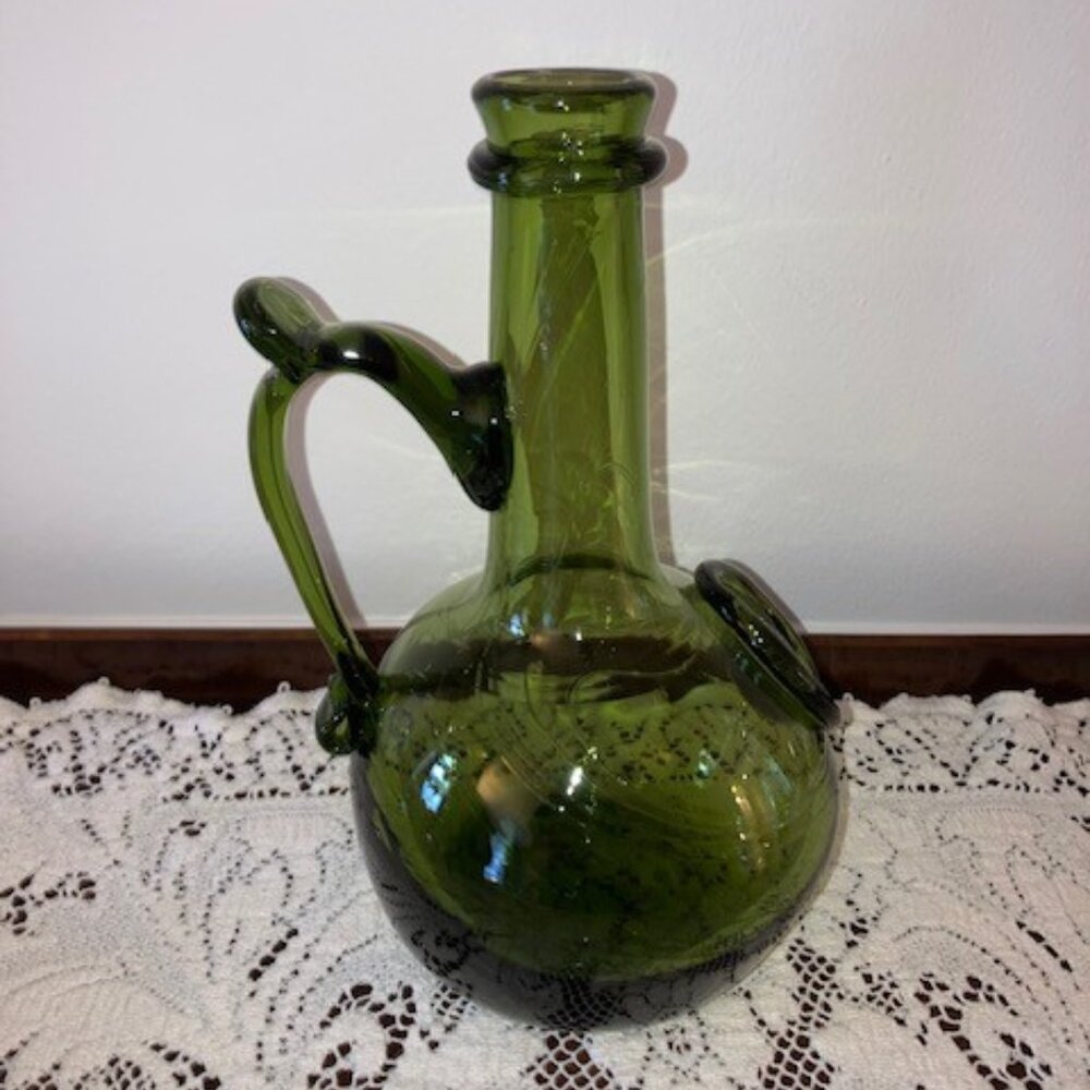 Signed Jamestown Glasshouse Hand Blown Green Glass Decanter with Seal